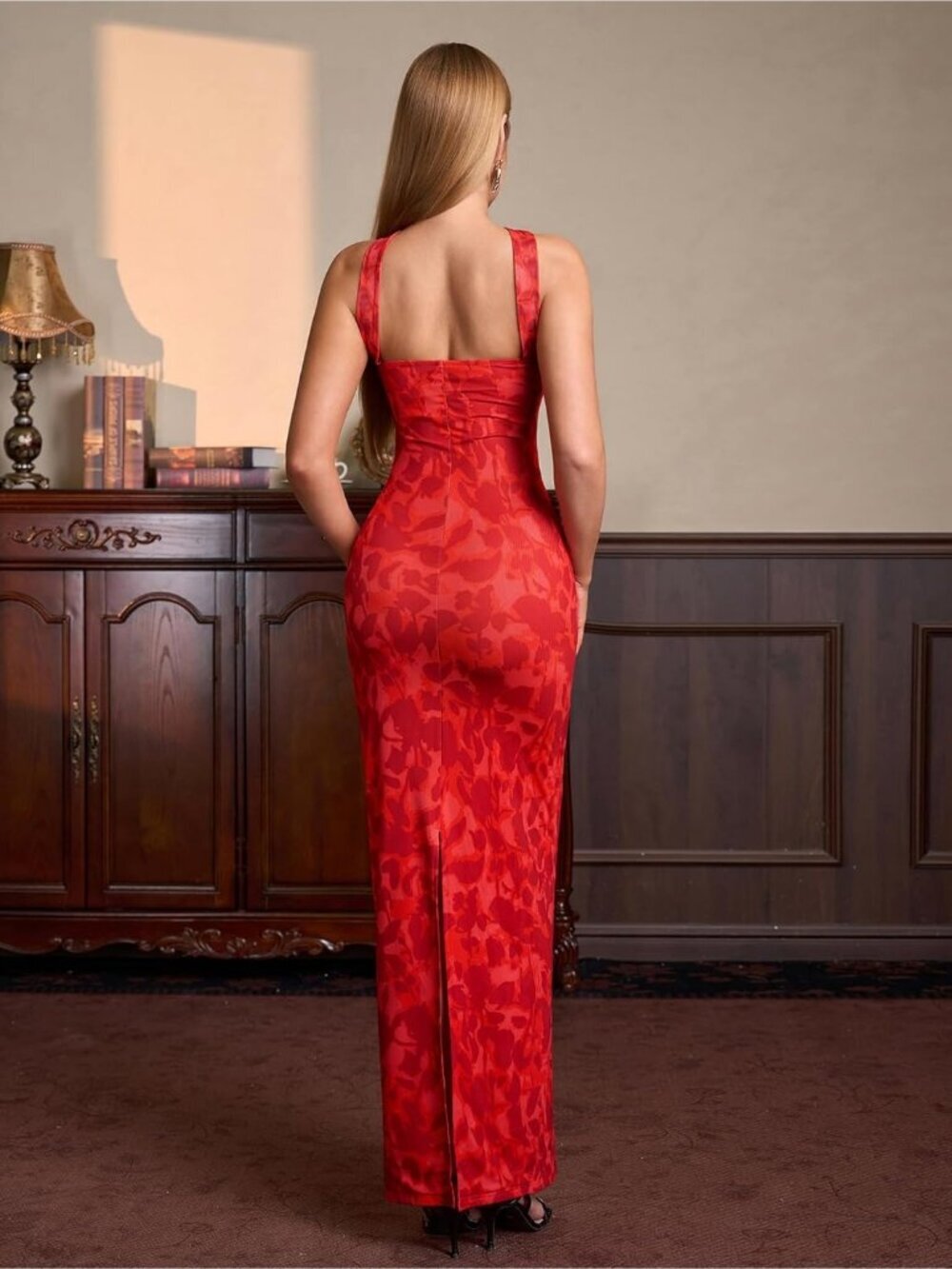 Women's Summer Bodycon Red Print Maxi Halter Neck Formal Cocktail Party Dress - Picture 2 of 5